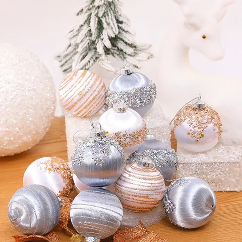 Christmas Tree Ball Ornaments Foam Satin Thread Wrapped Sequins Beads Decoration Holiday Party Decor Shimmery Elegant
