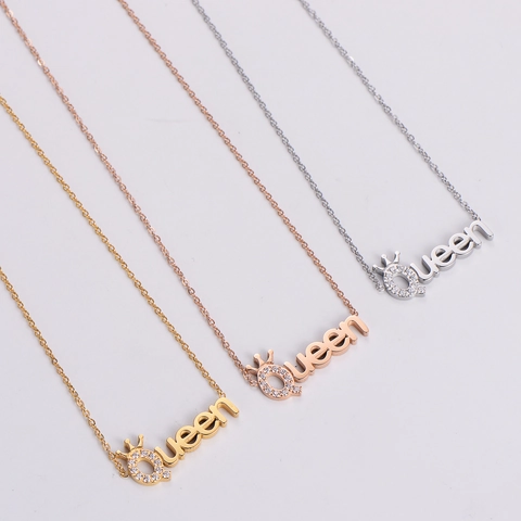 Collar de Pendiente de Letra Queen de Acero Inoxidable Con Corona de Diamantes de Imitación para Mujer Oro Oro Rosa Plata Joyería de Moda