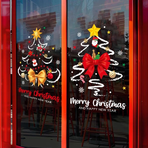 Christmas Window Stickers Static PVC Cling Decals Reusable Double Sided Color Christmas Tree Snowflakes Bow Decor