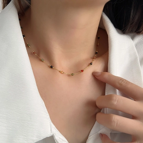 Exquisite Stainless Steel Gold Plated Necklace Colorful Beaded Bracelet Anklet For Women Fashion Elegant Jewelry Accessory