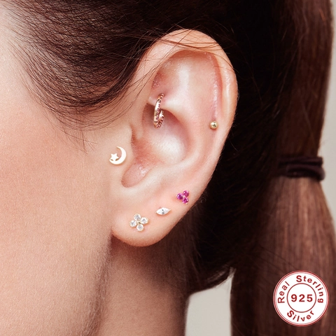 Flat Back Labret Stud 925 Sterling Silver Earring Post Zircon Geometric Star Moon Piercing Jewelry For Women
