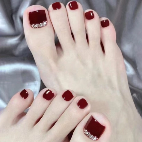 Unghie Finte Per Piedi Rosso Vino Con Strass Lucido Borgogna ABS Unghie Finte Rimovibili Punte Per Unghie Quadrate Per Donne