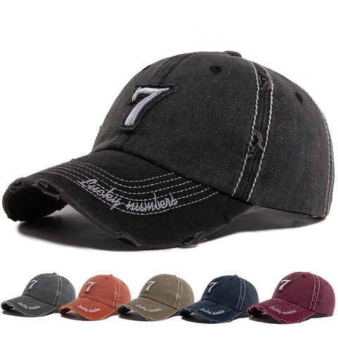Gorra Béisbol Algodón Lavado Retro Distressed Parche Numérico Lucky Numbers Bordado Ajustable Unisex Streetwear Sombrero