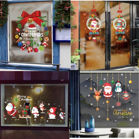 Christmas Window Stickers PVC Static Cling Decals Santa Claus Snowman Reindeer For Glass Door Shop Home Festive Decoration