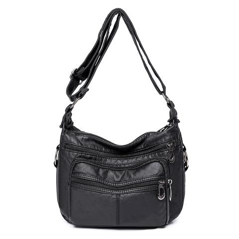 Women Crossbody Bag Soft PU Leather Multi Zip Pockets Large Capacity Vintage Retro Commuter Shoulder Messenger Handbag