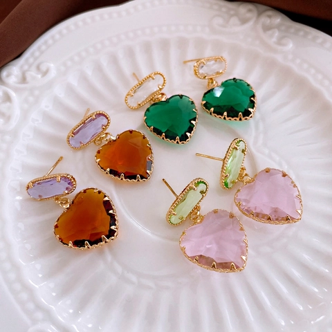 Vintage Herz Kristall Hängeohrringe Zirkon Kupfer Schmuck Mit Silbernem Ohrstecker Für Damen Elegant Nische