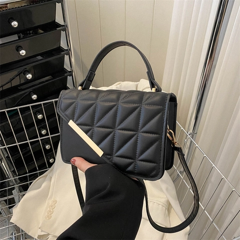Women Diamond Quilted Shoulder Bag PU Leather Gold Metal Bar Decor Top Handle Crossbody Flap Square Purse Fashion
