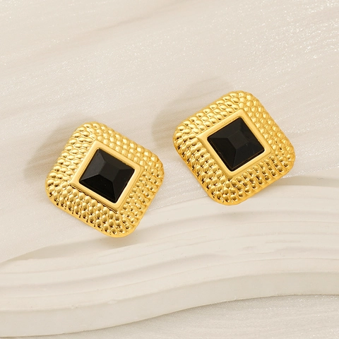 Square Stud Earrings 18K Gold Plated Stainless Steel Rhinestone Vintage Embossed Texture Light Luxury Jewelry Women