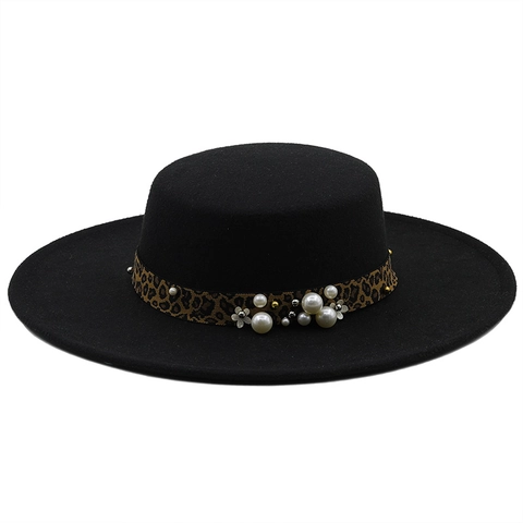 Boater Hat Women Flat Top Wide Brim Polyester Wool Felt Leopard Print Band Faux Artificial Pearl Flower Retro British Style