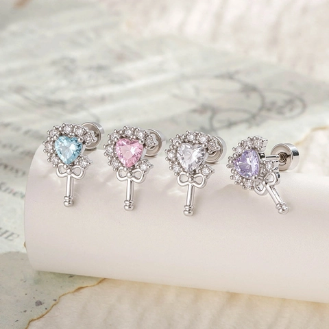 Heart Cubic Zirconia Scepter Stud Earrings French Vintage Titanium Steel Copper Screw Back Ear Cartilage Piercing Jewelry