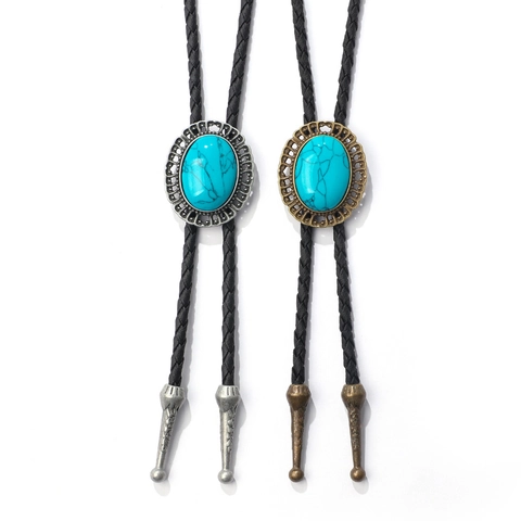 Western Bolo Tie Vintage Cowboy Ketting Met Turquoise Legering Hanger En Gevlochten PU Leren Koord Retro Accessoires