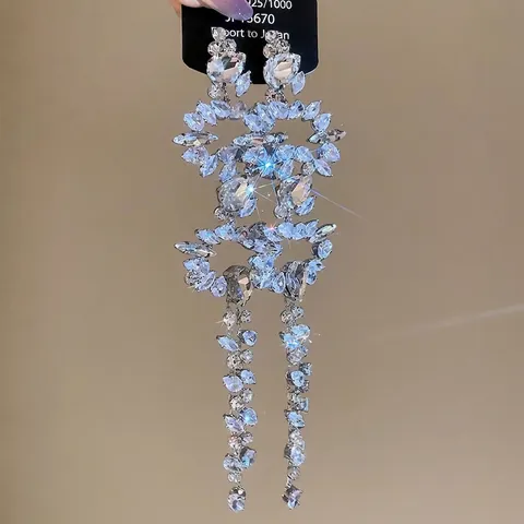 Orecchini Lunghi Con Nappa Con Zirconi Strass Rame E 925 Sterling Silver Earring Post Gioielli Da Sposa Di Lusso Per Donna