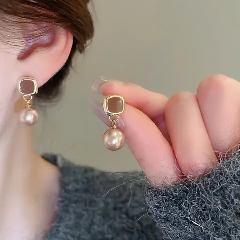 Vintage Square Enamel Dangle Earrings With Champagne Imitation Artificial Pearl And Silver Earring Post For Women