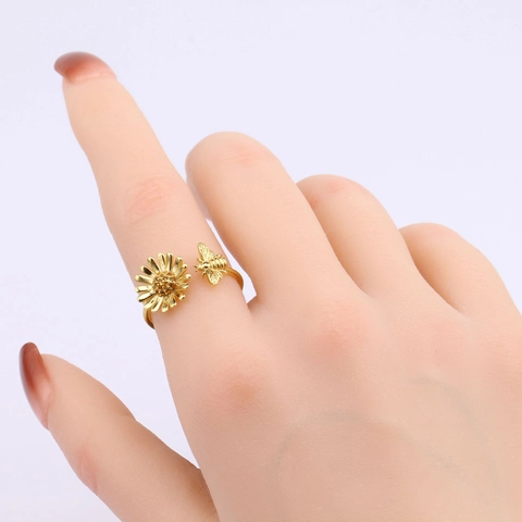 925 Sterling Silver Bee Daisy Open Ring Yellow Zircon Adjustable Sunflower Jewelry For Women