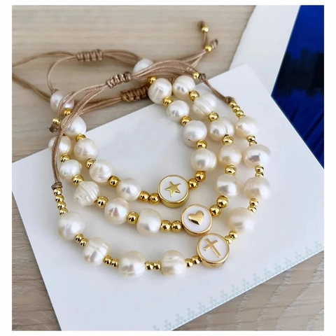 Bracciale Künstliche Perle Naturali Acqua Dolce Placcato Oro 18K Ciondolo Croce Stella Cuore Corda Intrecciata Regolabile Gioielli Donna
