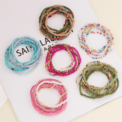 Bohemian Multi Layer Beaded Bracelet With Crystal Tassel Elastic Handmade Seed Bead Jewelry For Women