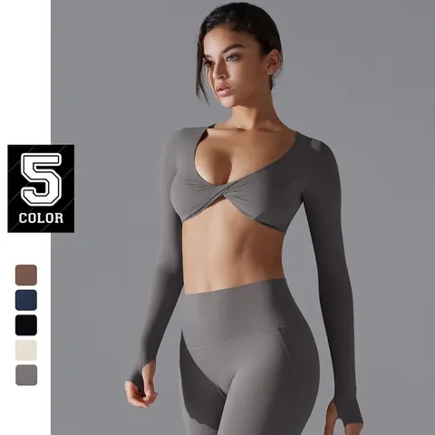 Yoga Bekleidung Damen Langarm Daumenloch Crop Top Mit Knotendesign Und Leggings Mit Hohem Bund Atmungsaktiv Sport