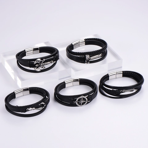 Men Multilayer Leather Bracelet Stainless Steel Magnetic Clasp Vintage Punk Viking Wolf Head Compass Jewelry