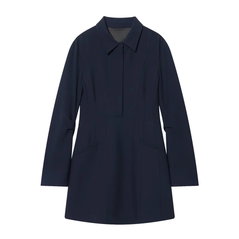 Mini Abito A Camicia Maniche Lunghe Poliestere Elasticizzato Listino Nascosto Tasca Vita Alta Linea A Ufficio Blu Navy