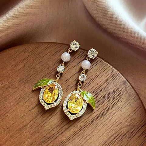 Lemon Enamel Rhinestone Earrings For Women Sweet Yellow Fruit Artificial Pearl Drop Earrings Gold Tone Alloy Stud Earrings Fresh Jewelry