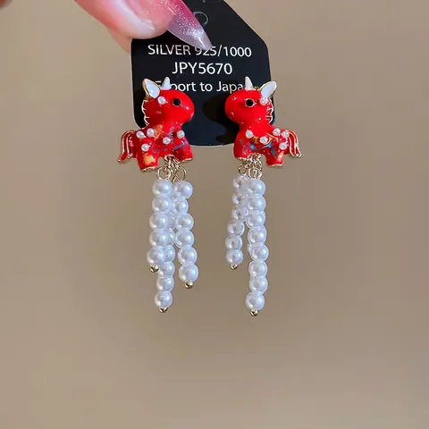 Red Enamel Horse Animal Earrings With White Artificial Pearl Tassels And 925 Sterling Silver Earring Post Cute Chinese Style For Women