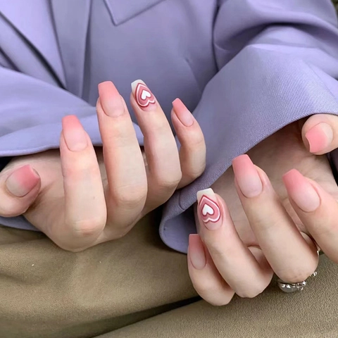 Matte Coffin Press On Nails Pink Ombre Gradient Heart Pattern Elegant Sweet Artificial False Finger Nails For Women With Glue