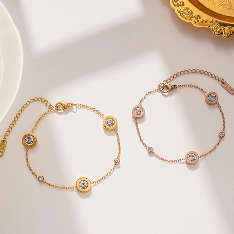 Bracelet Chiffres Romains Femmes Acier Inoxydable Zircon Incrusté Géométrique Réglable Minimaliste Style Coréen Bijoux