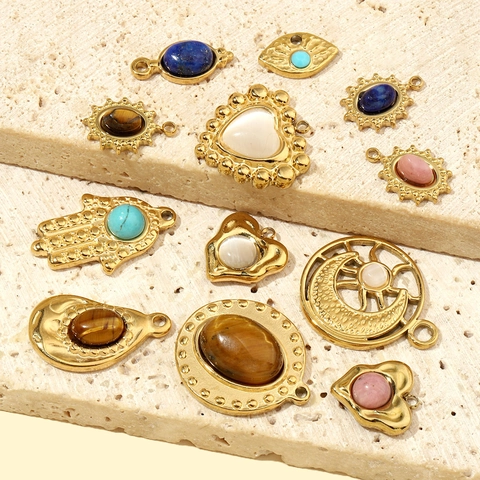 DIY Schmuck Anhänger Edelstahl Naturstein Französisch Vintage Herz Mond Sonne Böser Blick Hamsa Hand Für Halsketten Herstellung