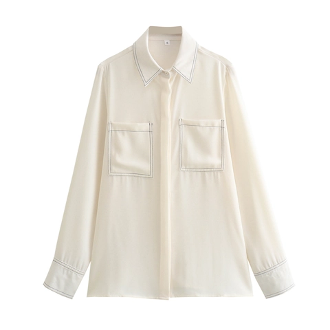 Damen Hemdbluse Langarm Polyester Kontrastnähte Reverskragen Lässige Bluse Mit Brusttaschen