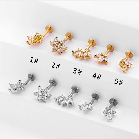 16G Stainless Steel Zirconia Labret Stud Earrings Internal Thread Conch Cartilage Screw Piercing Jewelry For Women Men