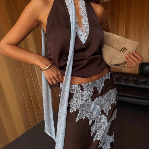 Top Halter In Raso Sexy Da Donna E Gonna Midi Con Patchwork In Pizzo Azzurro Elegante Marrone Scuro Party Clubwear
