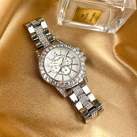 Luxury Alloy Full Rhinestone Women Quartz Watch Fashion Decorative Three-Eye Dial Metal Strap Wristwatch For Daily Banquet Jewelry Gift