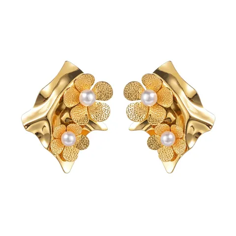 Pendientes de Gota de Pétalo de Flor de Acero Inoxidable Con Perla Artificial Borla Oro Minimalista para Mujer Joyería