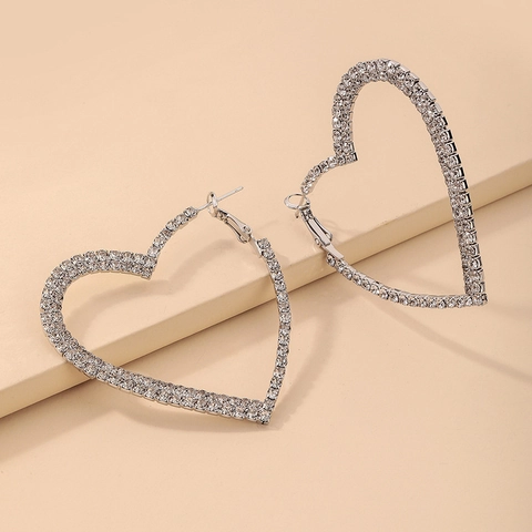 Large Heart Shape Hoop Earrings Rhinestone Inlaid Alloy With 925 Sterling Silver Earring Post Jewelry For Women