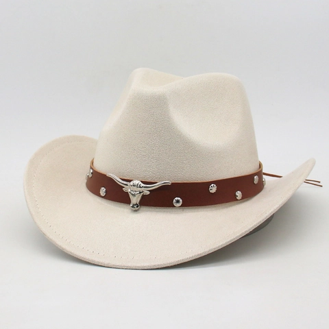 Western Cowboy Hat Polyester Felt With Bull Head Metal Decor Leather Band Rivets Vintage Outdoor Style Men Women