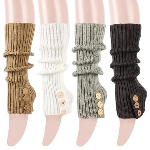 Knitted Leg Warmers Acrylic Ribbed Wooden Button Decor Boot Cuffs Striped Soft Warm Long Socks Women