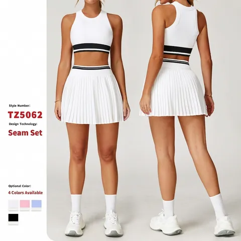 Women Tennis Sports Outfit Crop Top Vest And Pleated Skirt With Built-In Shorts High Waist Quick Dry Yoga Gym Workout Athletic