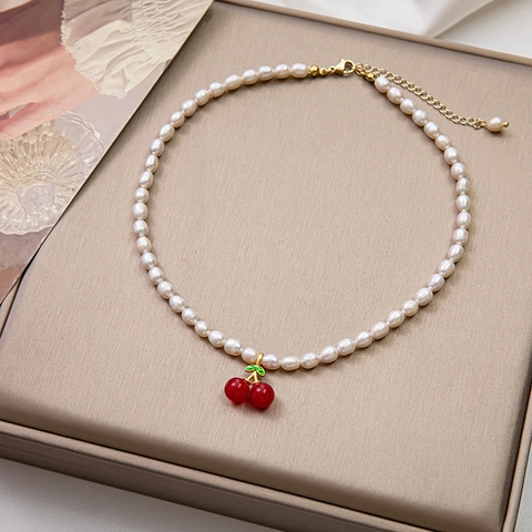 Collar Con Colgante De Cereza De Perla De Agua Dulce Estilo Coreano Gargantilla De Fruta Roja Dulce Para Mujer Joyería De Moda Elegante