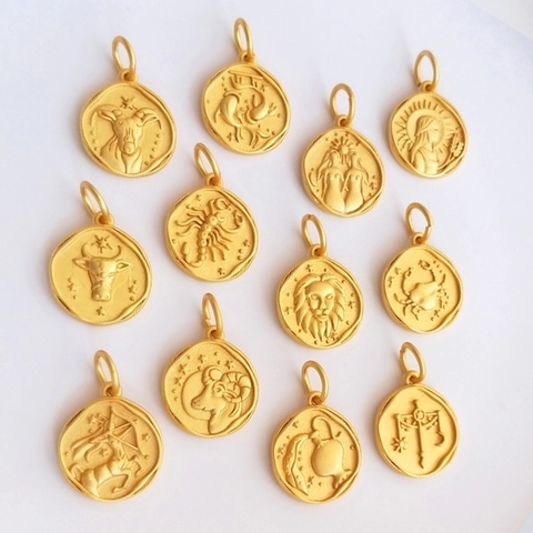 Vintage Sand Gold Twelve Zodiac Pendants Electroplated Copper Round Constellation Charms For DIY Necklace Bracelet Making Women Jewelry