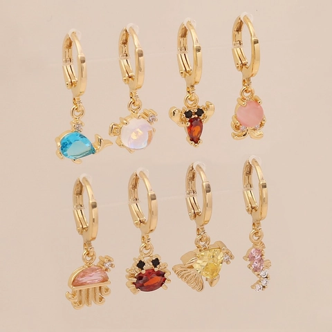 Marine Animal Drop Hoop Earrings Copper Colorful Zircon Cute Whale Jellyfish Jewelry With Stainless Steel Earring Post