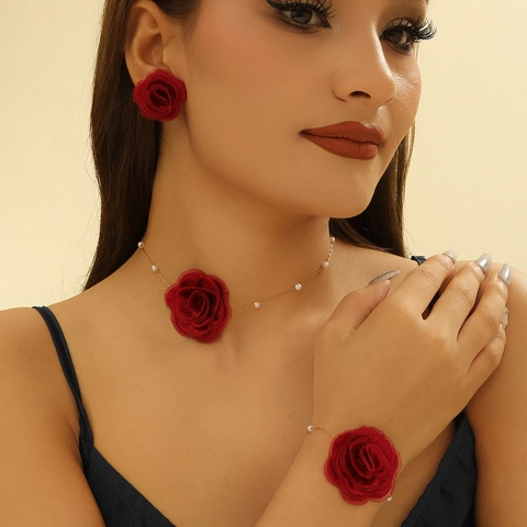 Elegant Stainless Steel Jewelry Set With Fabric Rose Artificial Pearl Necklace Bracelet Earrings Gold Plated Women Jewelry