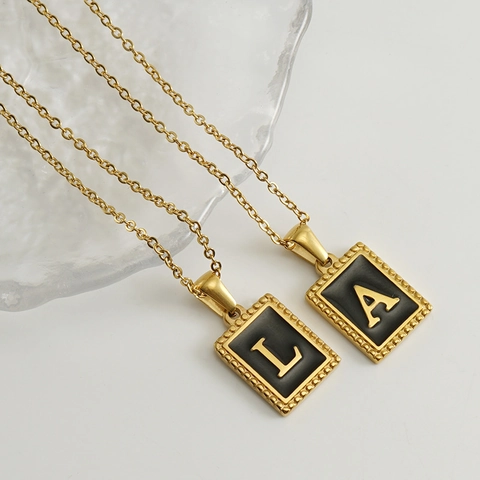 Collar Colgante Letra Cuadrada Chapado Oro 18K Acero Inoxidable Esmalte Negro Inicial Cadena Clavícula Minimalista Mujer Joya
