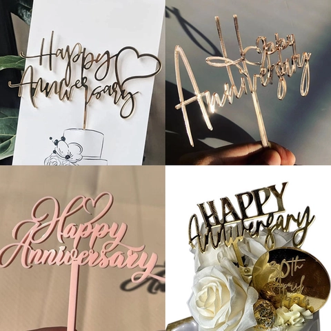 Acrylic Happy Anniversary Cake Topper Mirror Gold Rose Gold Heart Flower Wedding Anniversary Party Dessert Decoration