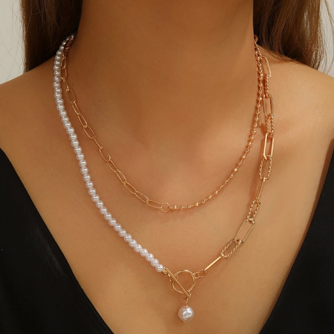 Vintage Multi Layer Alloy Artificial Pearl Necklace For Women Gold Silver Plated Beaded Chain OT Toggle Pendant Fashion Jewelry