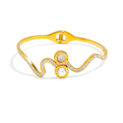 Brazalete de Onda de Acero de Titanio de Moda Con Números Romanos Diamantes de Imitación Incrustación de Perla Artificial Oro Color Acero Brazalete para Mujeres Joyería