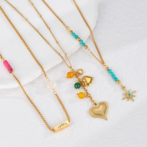 Collana in Acciaio Inossidabile Placcato Oro per Donna Pendente Sole Luna Stella Cuore Perla Artificiale Strass Gioielli