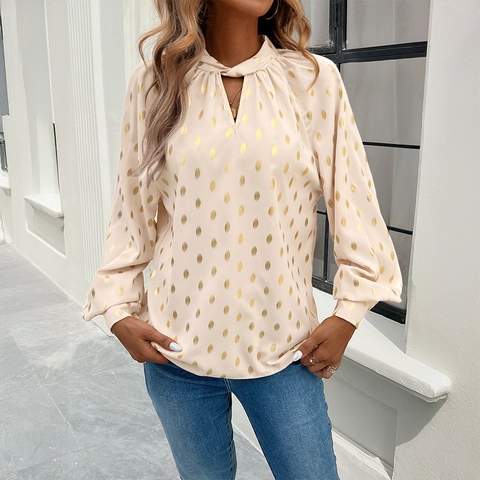 Women Elegant Blouse Polyester Long Lantern Sleeve Metallic Gold Polka Dot Hollow Out Keyhole Neck Top