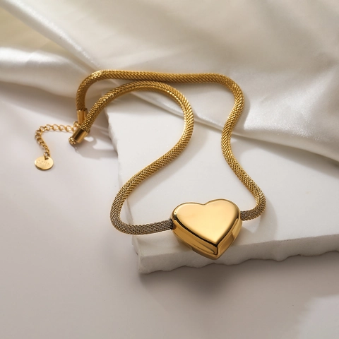 Herz Anhänger Halskette 18K Vergoldet Edelstahl Netz Kette Modeschmuck Für Frauen Westlicher Stil