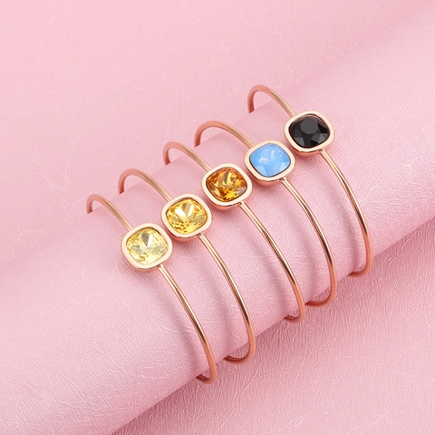Elegant Stainless Steel Bangle Bracelet Square Zircon Crystal Rose Gold Plated Geometric Fashion Jewelry Women Adjustable
