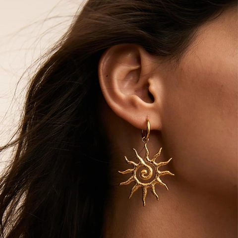 Orecchini Pendenti A Forma Di Sole Acciaio Inossidabile Centro A Spirale Placcati Oro Gioielli Bohemian Per Donna